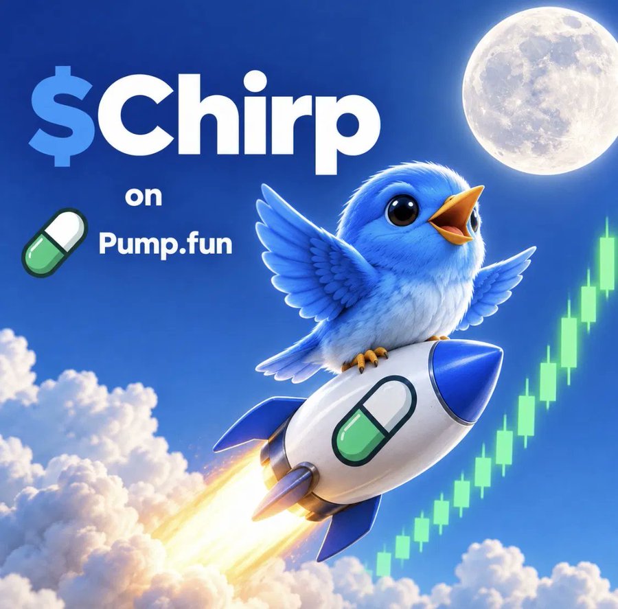 Blue CHIRP bird riding a rocket through the clouds